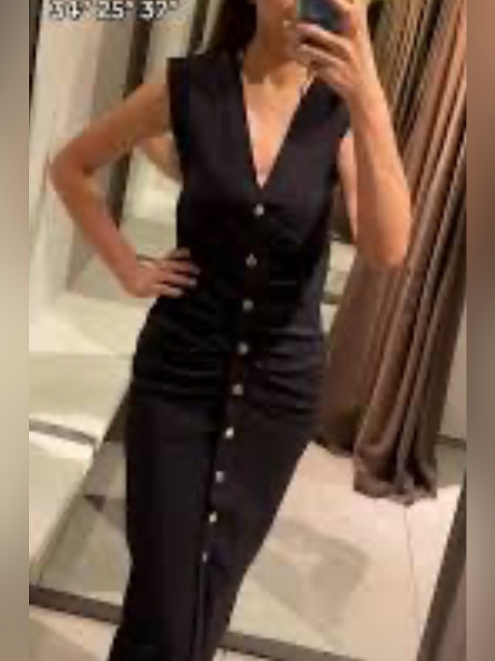 Zara Black Button-Front V-Neck Midi Dress